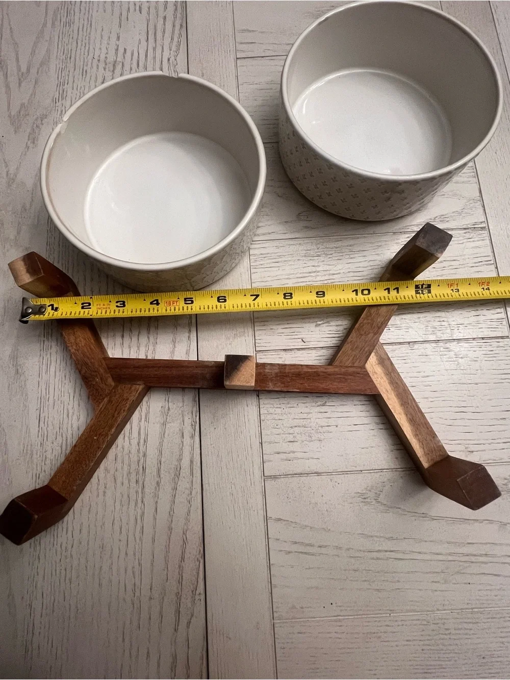 Pet Feeder Station - Set of 2 White Ceramic Bowls on Wood Stand